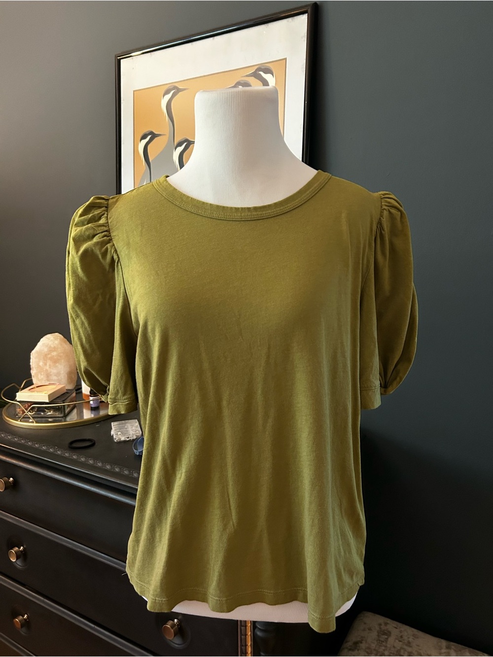 A New Day Olive Green Puff Sleeve T-Shirt, Size Large
